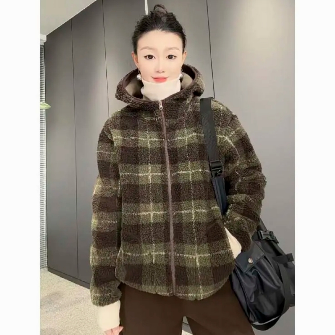 7129休闲简约时尚连帽百搭颗粒绒口袋卫衣绿色格子秋冬季加厚外套