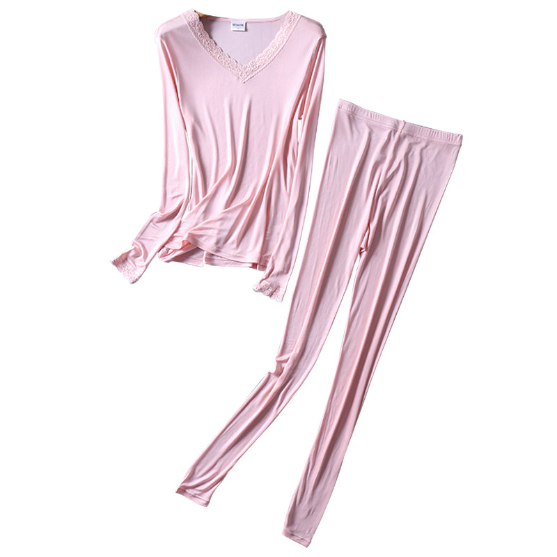 HIGH-END MULBERRY SILK WOMENS SILK KNITTED LACE V-NECK THERMAL UNDERWEAR SET BOTTOMING LONG JOHNS