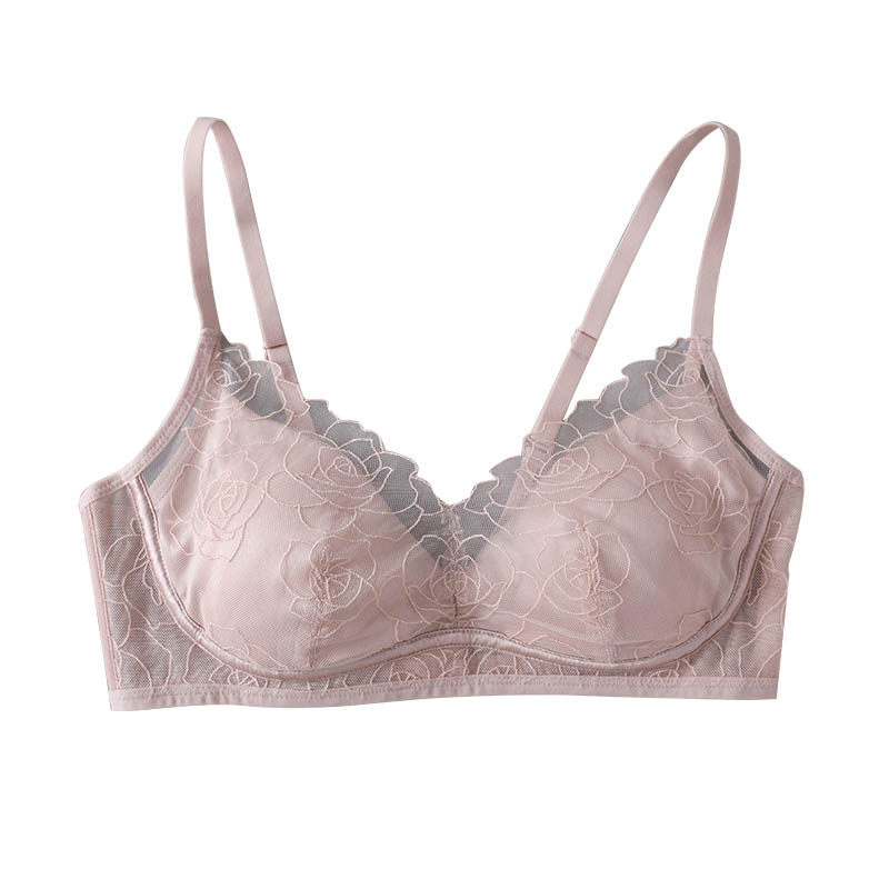 性感玫瑰花纹真丝缎面文胸 加宽侧翼收副乳桑蚕丝无钢圈舒适内衣