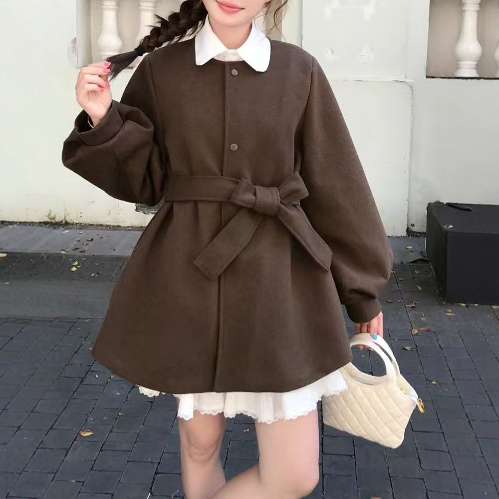 2025秋冬季韩系巨好看双面毛呢外套女小个子穿搭系带灯笼袖风衣裙