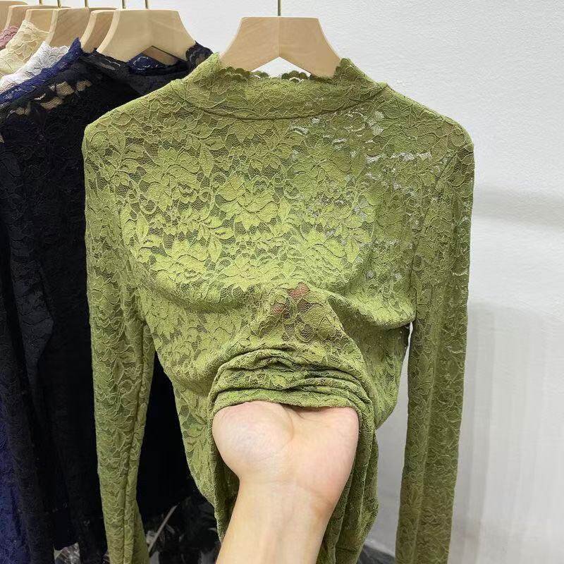 春秋季新款半高领网纱蕾丝打底衫女长袖微透洋气性感内搭T恤上衣