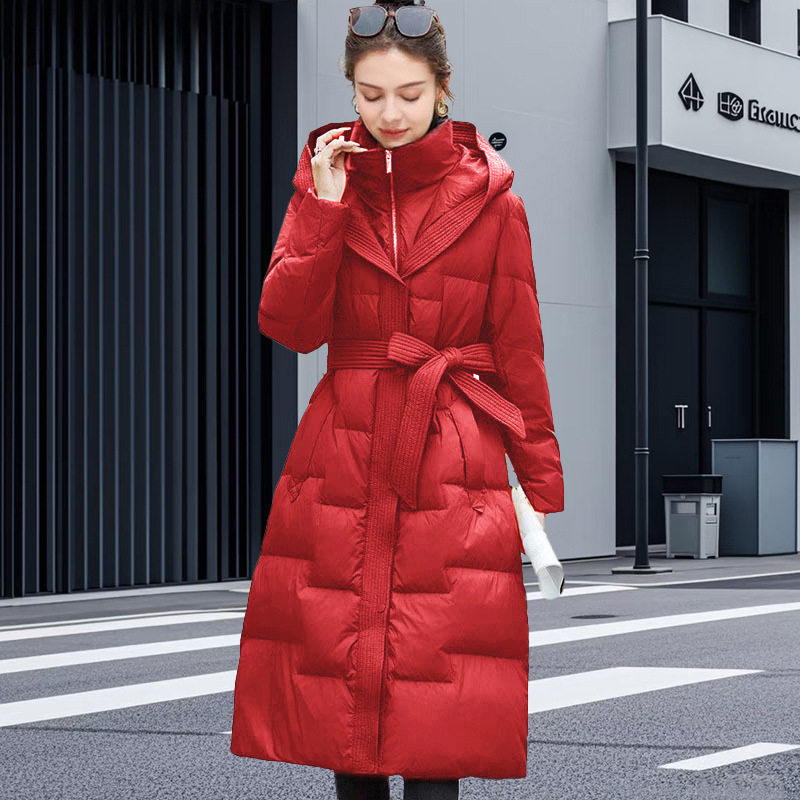 新年战袍羽绒服女高级感冬季长款鸭绒保暖显瘦外套收腰配腰带修身