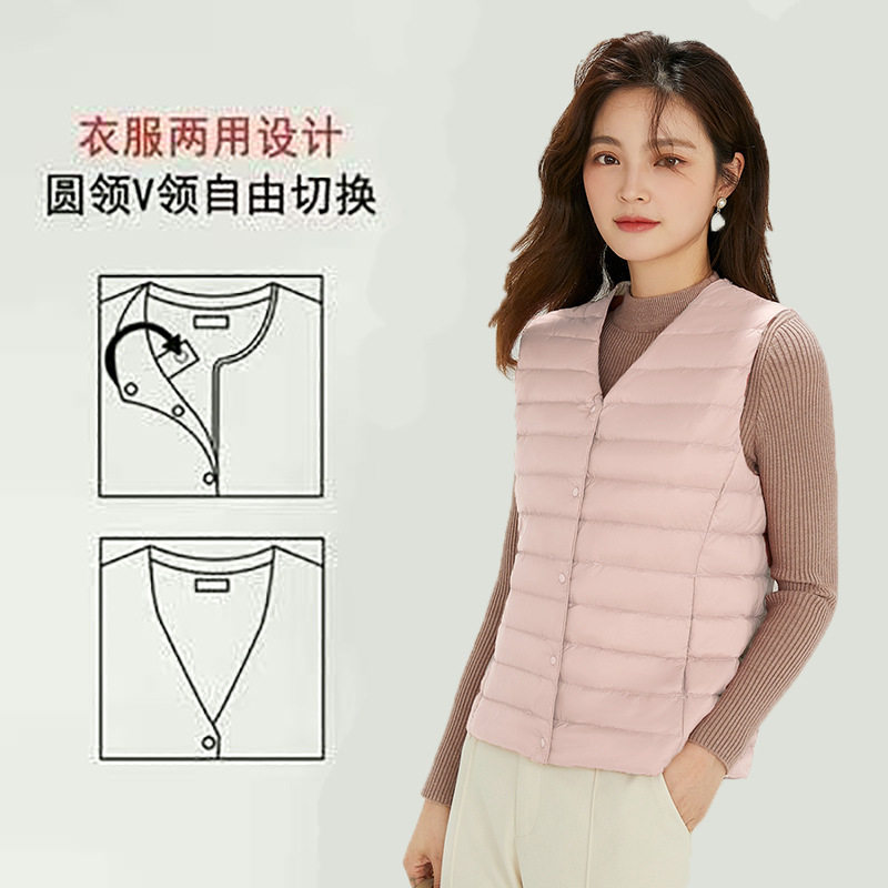 跨境TikTok新款女无领羽绒内胆马甲V领轻薄保暖外套坎肩背心圆领