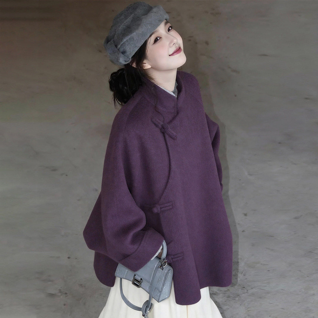 紫色新中式双面羊毛毛呢外套女2025冬季新款高端国风短款呢子大衣