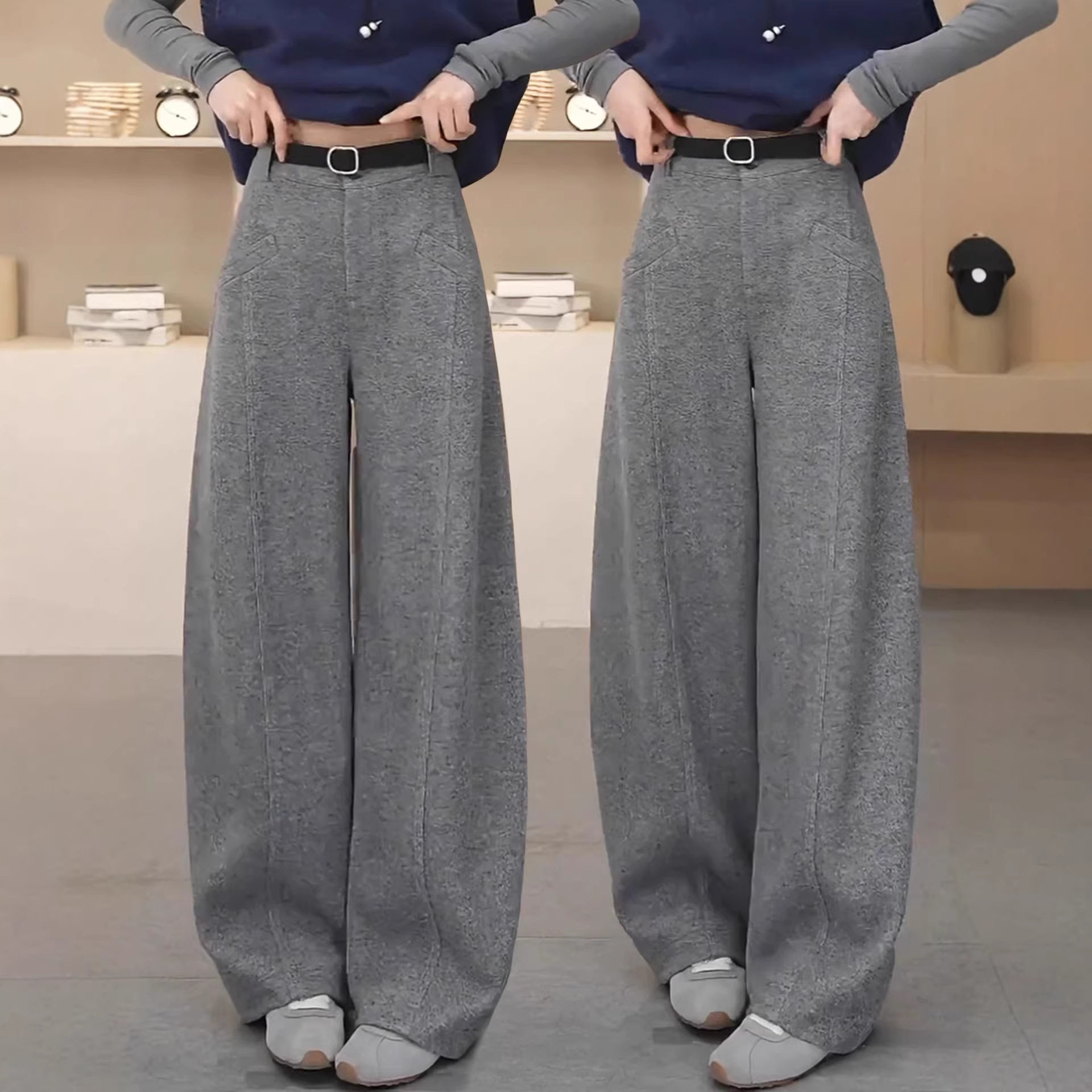 加厚毛呢裤子女2025秋冬季新款超好看琥珀棕弯刀裤高腰阔腿裤子