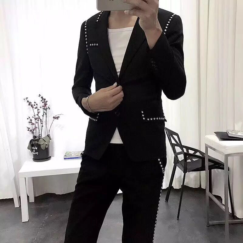 休闲春秋黑色铆钉男西服套装快手主播发型师同款西服+九分裤9038