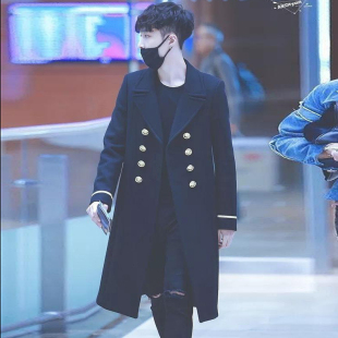 秋冬厚款抗风军阀总裁装袖口镶金条中长款毛呢风衣男呢子大衣7015