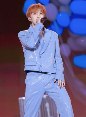 春秋彩蓝色亮片歌手年会演出艺考直播团播珠片绣短款西服套装1094
