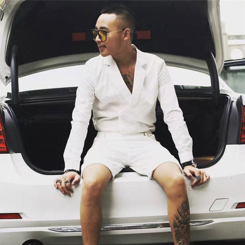 休闲男士修身时尚演出双排扣衬衫式西服短裤套装团队伴郎套装1005