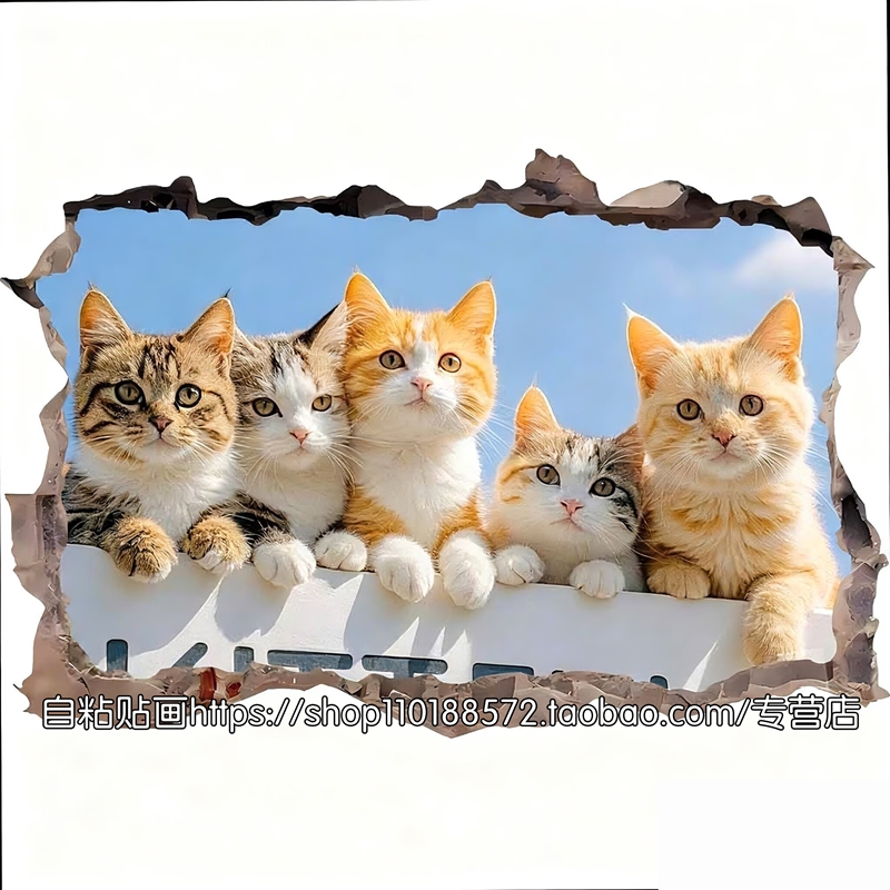 3D立体猫咪贴画卡通儿童房卧室衣柜墙面破洞遮丑装饰电动车贴纸