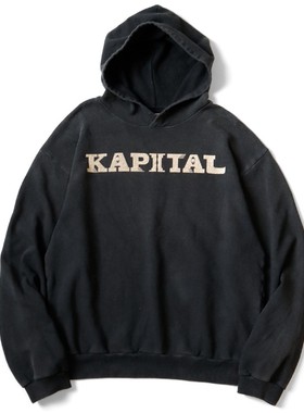 24AW KAPITAL 平田和宏 日系休闲纯棉保暖字母印花做旧连帽卫衣
