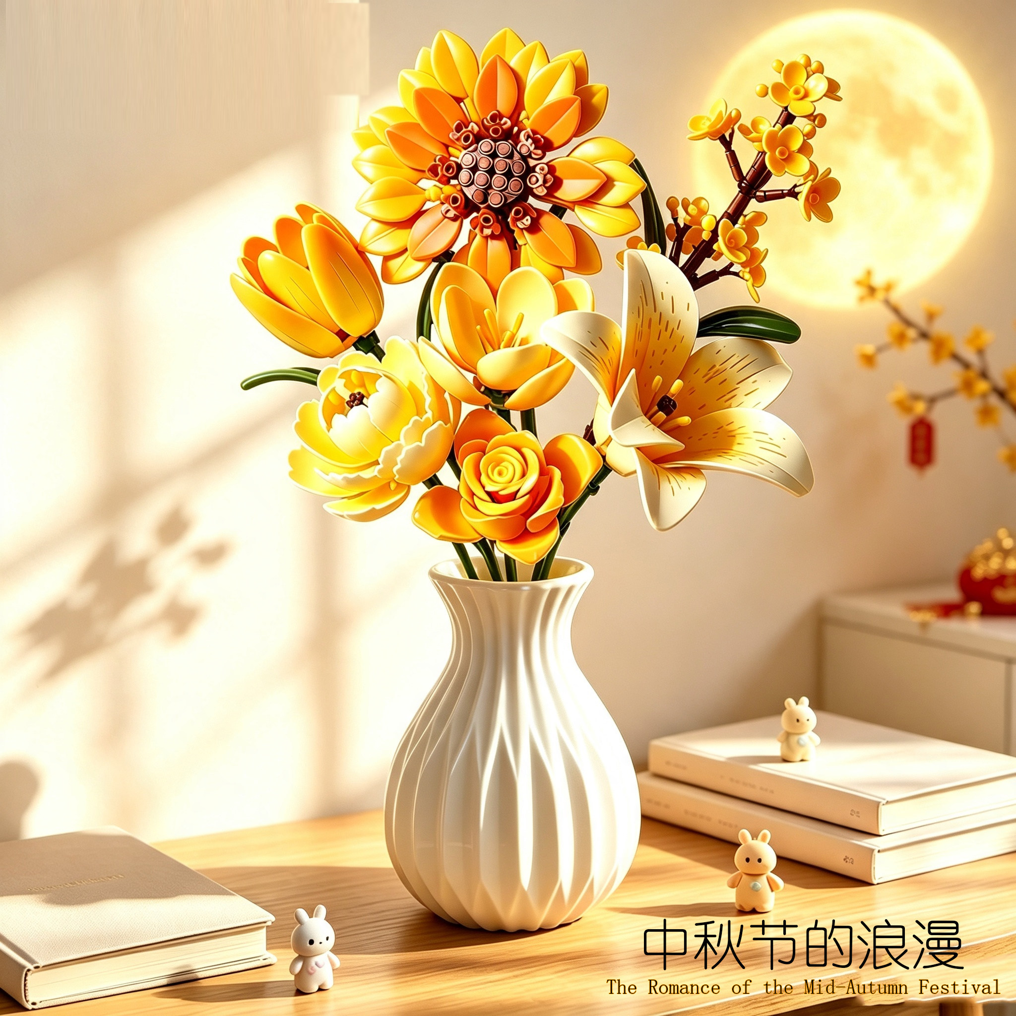野思盒子拼装小颗粒康乃馨芍药百合花束桂花中秋节礼物女孩玩具