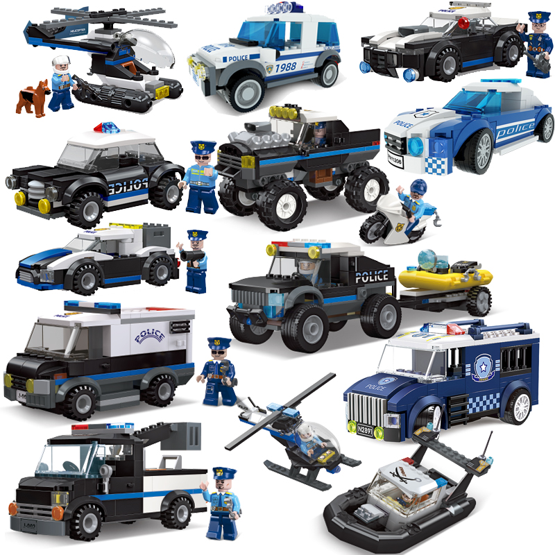 中国积木组织拼装城市玩具警察车特警囚车指挥车直升飞机快艇男孩