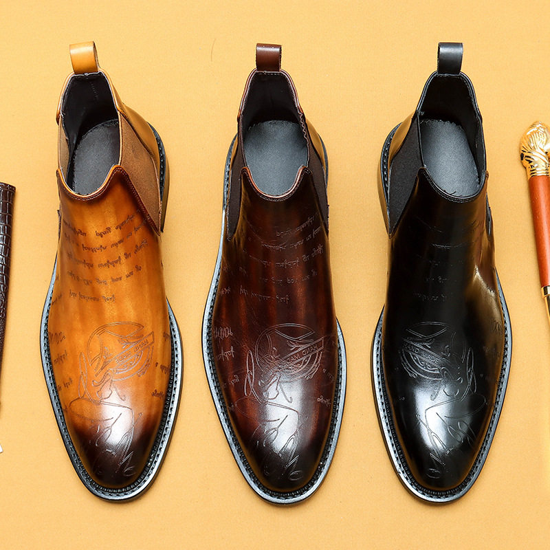 新款男士真皮马丁靴布洛克雕花商务高帮皮靴英伦冬季加绒切尔西靴