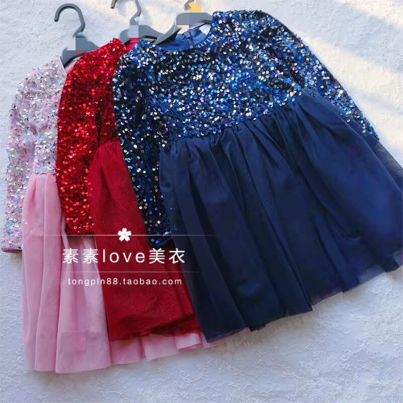 闪闪的 出口欧春新款三件包邮女中小童3-10岁亮片纱纱丝绒连衣裙