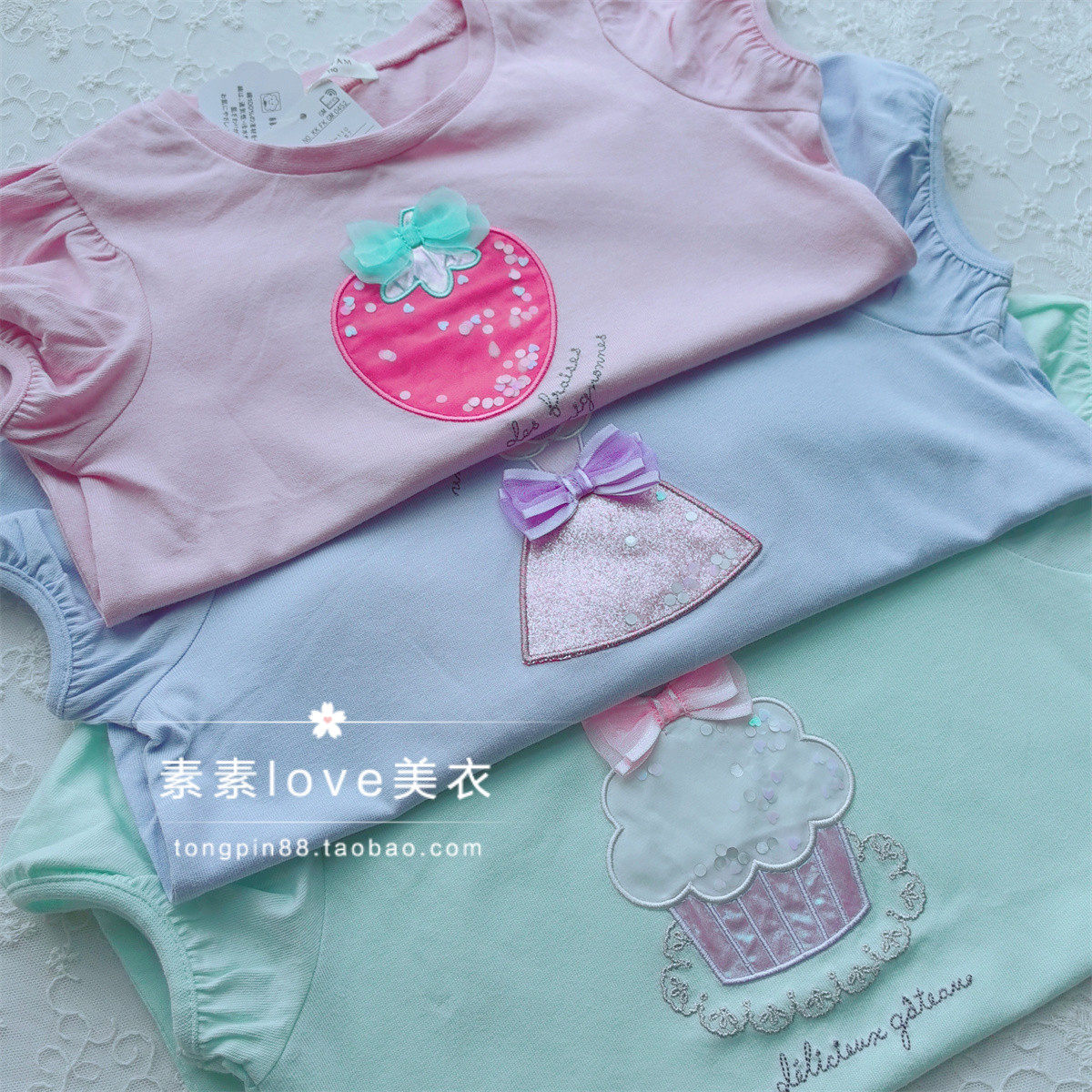 很美~三件包邮日单 af 女中小童100-150 花刺绣蝴蝶结棉短袖T恤