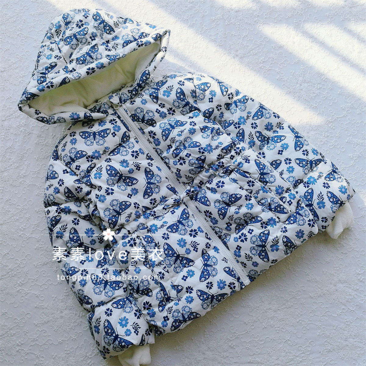 柔软保暖 三件包邮 出口 女中大童XS-3XL 蓝色蝴蝶摇粒绒连帽棉衣