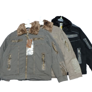 外贸美式休闲复古做旧加棉加厚保暖棉服拼接皮尤多兜工装棉衣棉袄