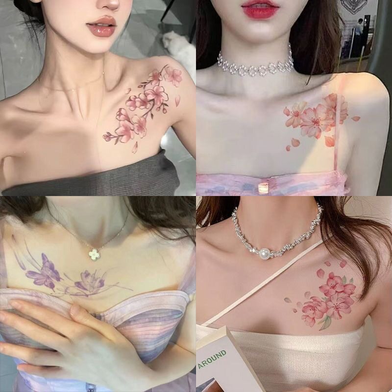 肩膀上落花樱花彩色纹身贴纸防水女持久胸口锁骨辣妹纯欲风可水洗