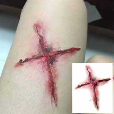 吸血鬼假伤疤纹身贴万圣节十字架恐怖派对妆容逼真疤痕贴纸恶作剧
