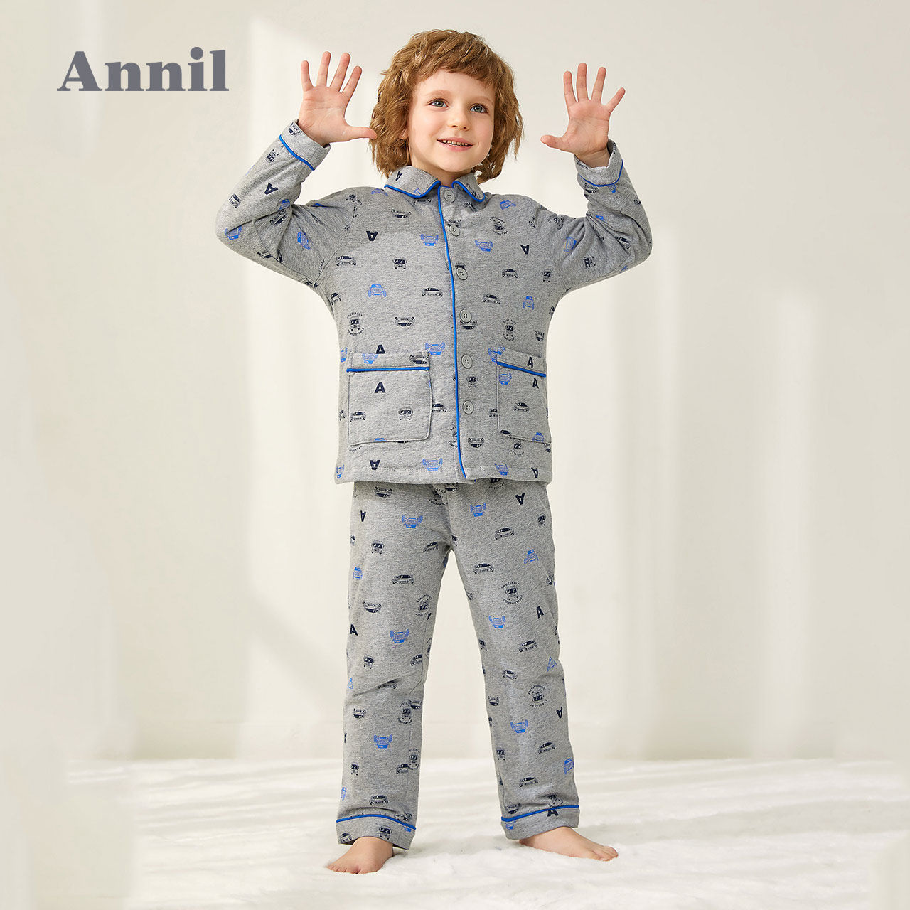 安奈儿男女童装纯棉加厚睡衣冬季开扣家居服棉衣保暖裤子