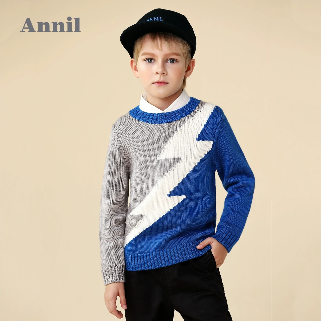 110码安奈儿男童毛衣圆领长袖毛衫秋冬帅针织衫修身含30%羊毛衫