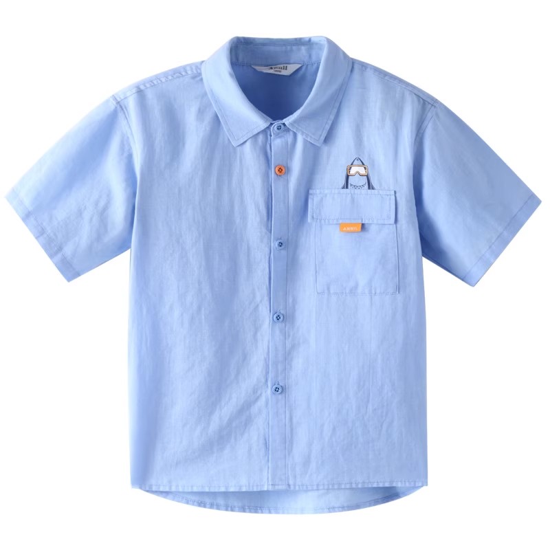 商场同款安奈儿男童翻领短袖棉麻衬衣夏季款学生休闲衬衫轻薄凉爽