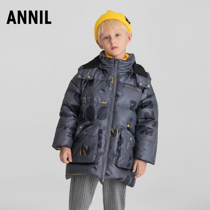 安奈儿男童装长款连帽羽绒服冬季款加厚保暖休闲外套户外防风上衣