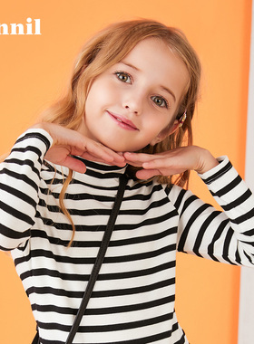 130码安奈儿女童高翻领长袖针织打底衫T恤秋季款黑白条纹外穿内搭