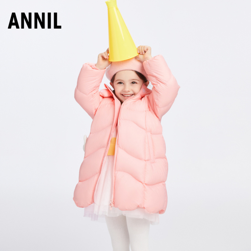 安奈儿女童长款连帽羽绒服2024冬季新款宝宝保暖甜趣外套上衣三防
