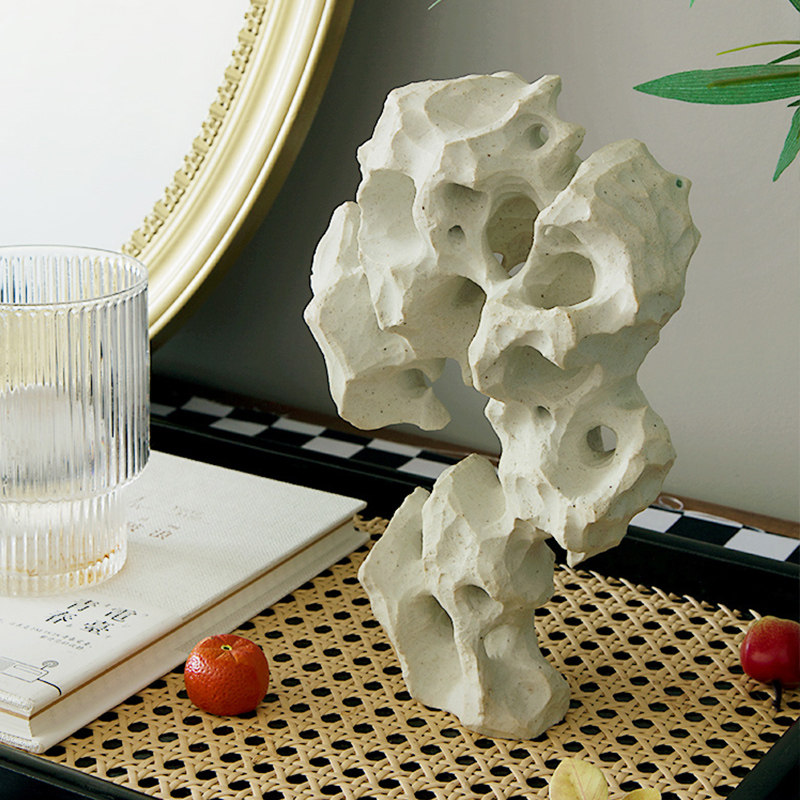 镂空法式中式手工陶瓷米白色太湖石侘寂假山艺术电视柜样板间摆件
