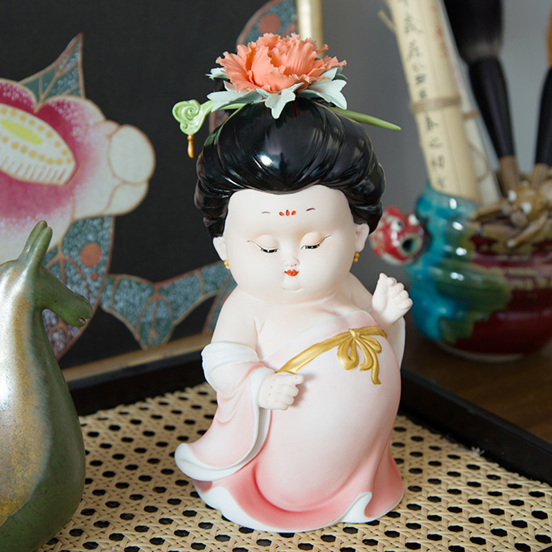 新中式粉色牡丹仙子手工陶瓷工艺品艺术人物摆件高级感小众软装