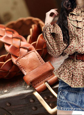 阿卡莫伊头层牛皮全手工纯编织装饰腰带 裤腰带 女士腰带09563