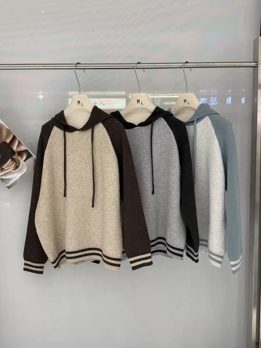 韩系复古学院风撞色插肩连帽针织衫女秋冬软糯宽松休闲慵懒风毛衣