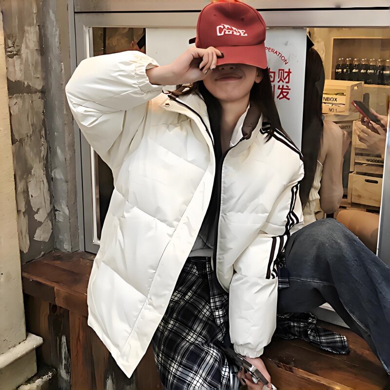 胖mm大码羽绒棉服女秋冬新款小众三条杠设计保暖加厚学生外套