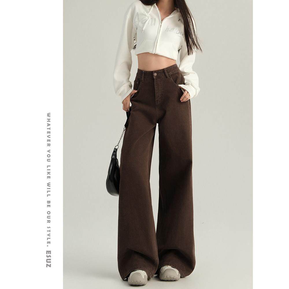 高级垂感咖阔腿牛仔裤A249262女加秋冬绒2025新款高腰宽色松个子