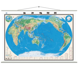 2022世界地形图挂图 1.5米x1.1米亚膜挂绳整张新世界地图挂图办公大尺寸世界地形地貌图办公室用家用等高线展示 平面地形挂图