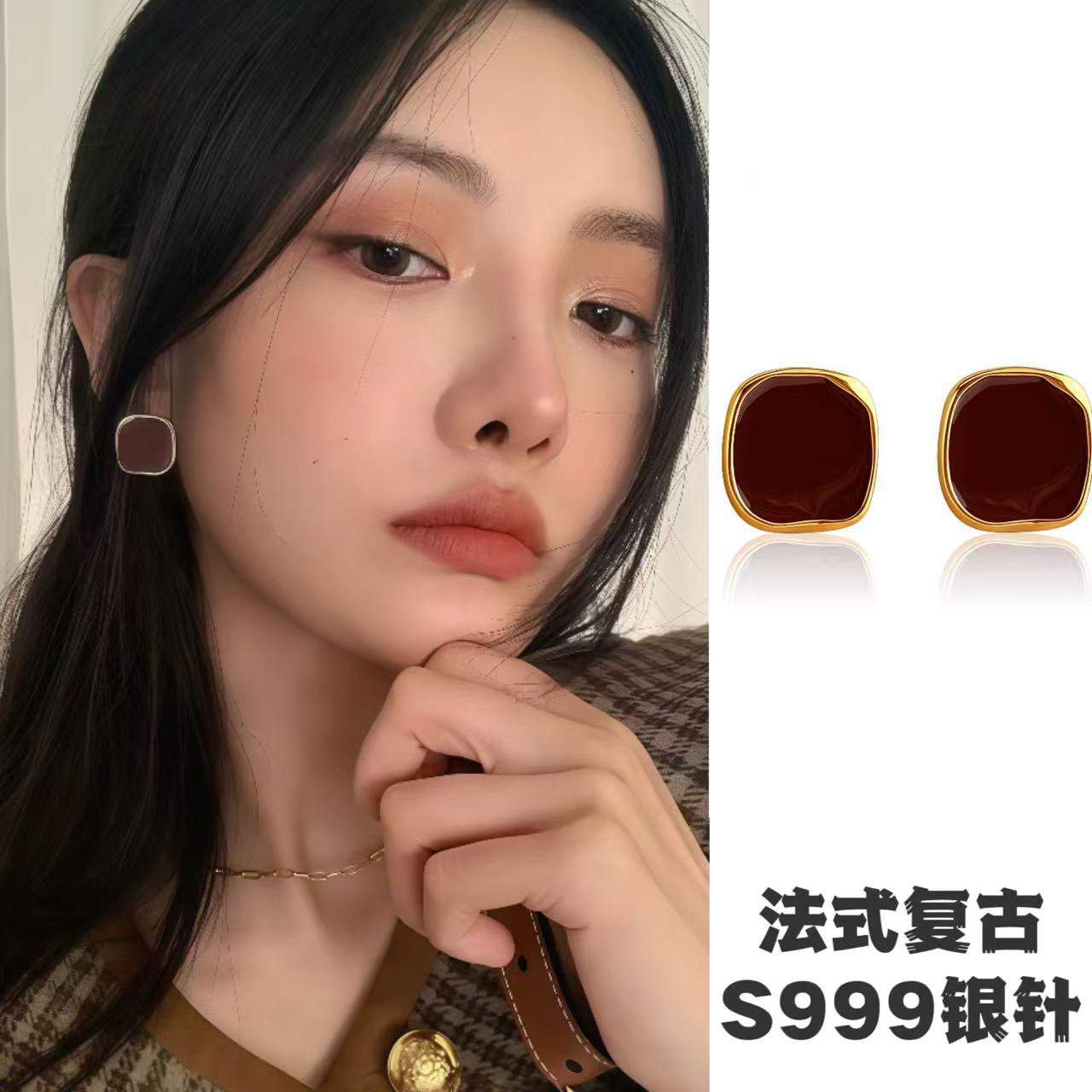 S999纯银针法式复古安卡拉红耳钉