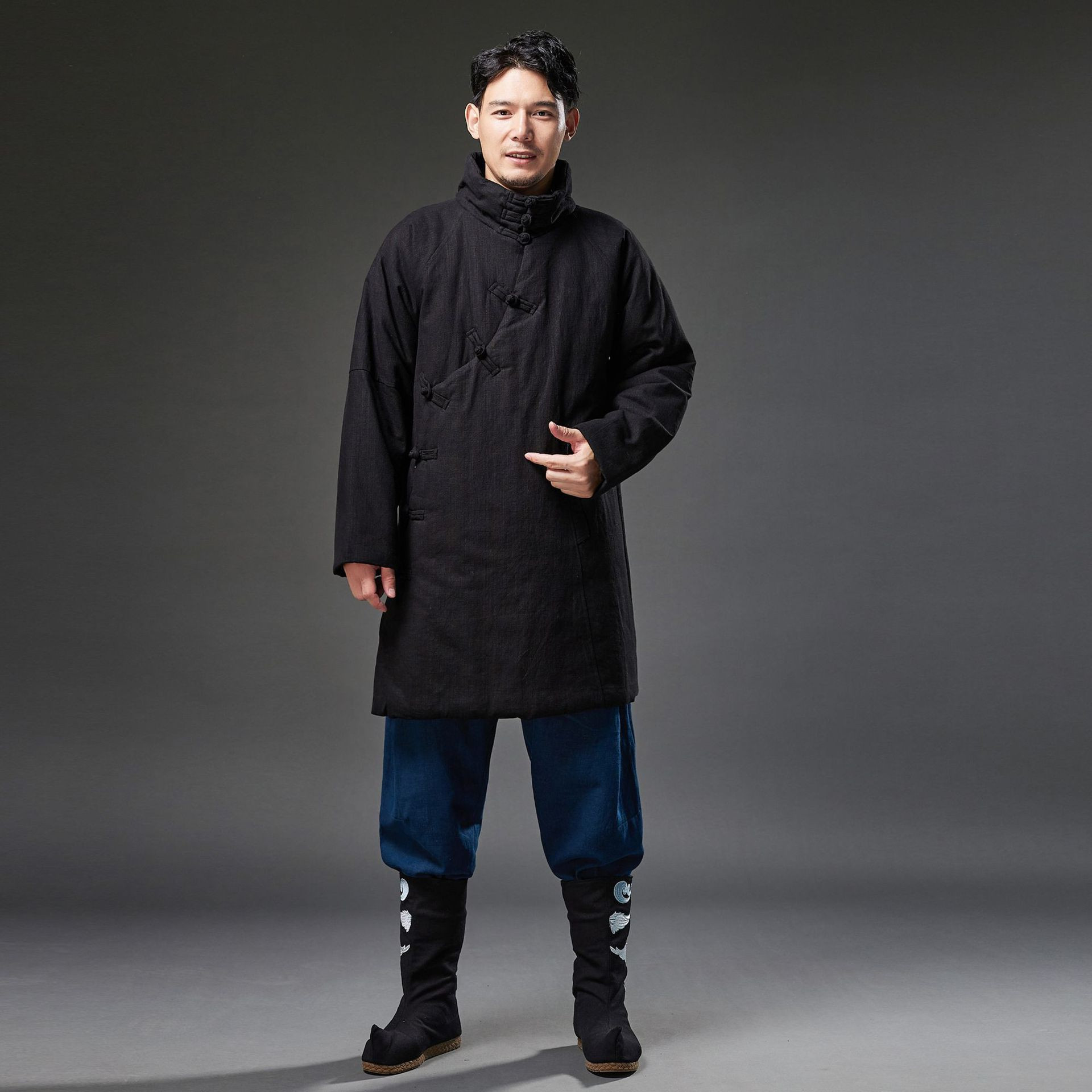 冬季中国风男装中长款唐装汉服棉袄亚麻斜襟盘扣棉服男士中式棉衣