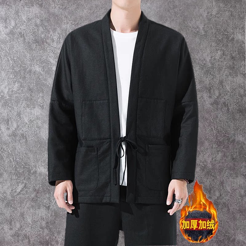 秋冬中国风男装古风道袍外套加绒加厚亚麻茶禅服男士唐装汉服上衣