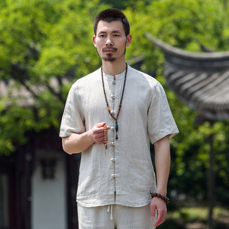 100%纯亚麻衬衫男士禅茶服中国风套装短袖宽松唐装上衣中式男装夏