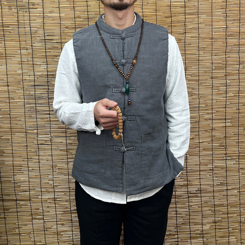 中国风盘扣无袖坎肩加厚棉麻马甲男中式立领保暖唐装棉服棉袄外套