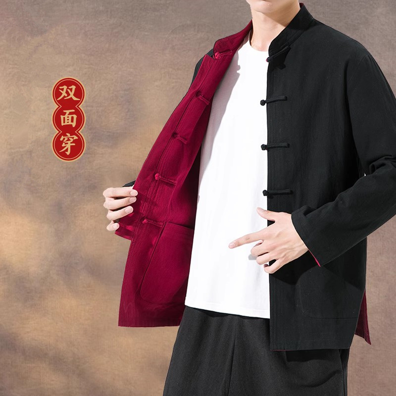 (双面穿)春秋中国风男装复古唐装外套中式盘扣上衣男士棉麻茶服
