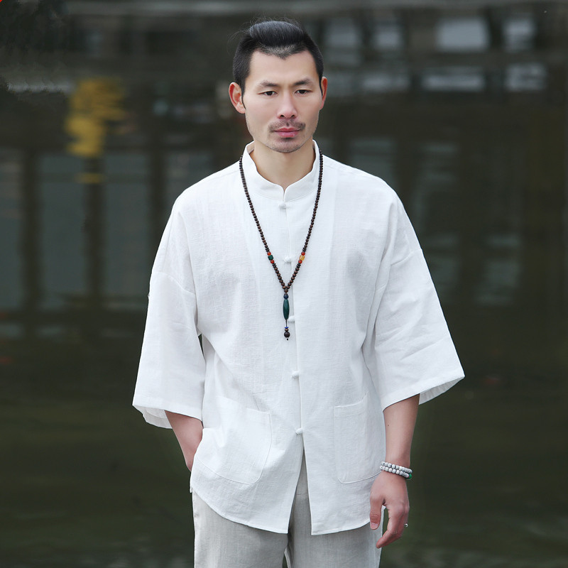 春夏中国风男装唐装青年七分袖亚麻衬衫宽松复古中式立领棉麻衬衣