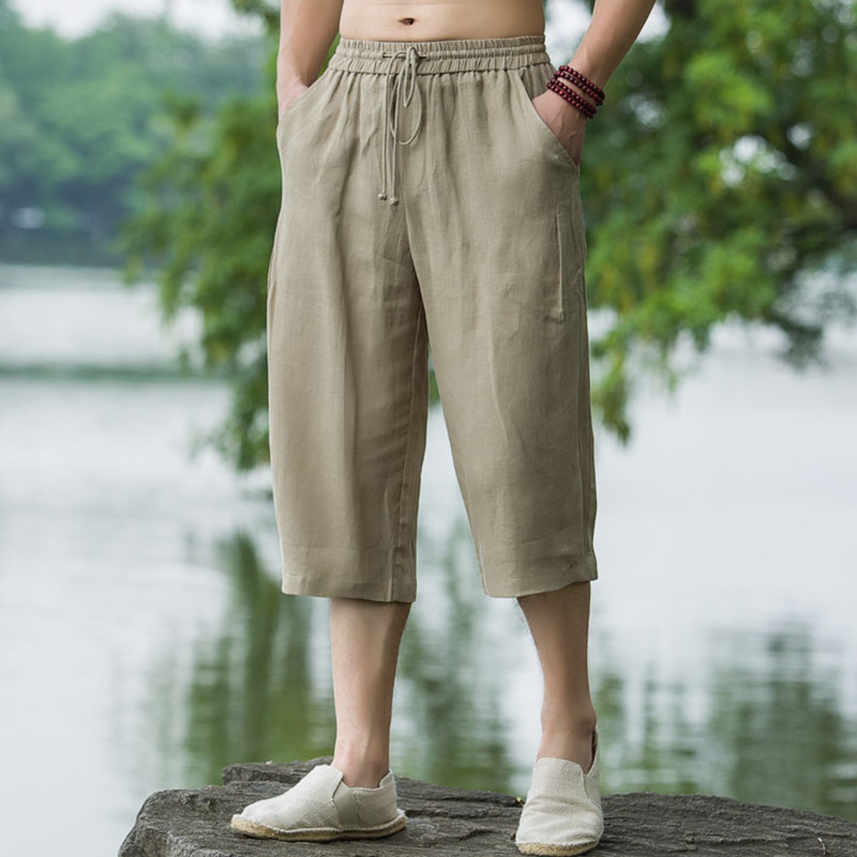 100%纯亚麻七分裤男士棉麻短裤宽松直筒休闲裤薄款复古中国风男裤