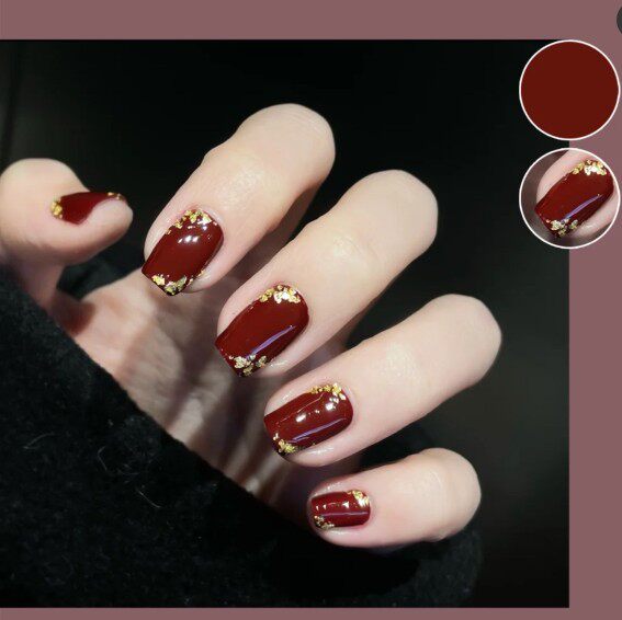 气质酒红金箔显白假指甲片短款美甲贴成品新娘孕妇穿戴甲可拆卸