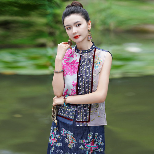 夏装新中式国风真丝纺欧根纱撞色背心女无袖立领马夹外套短款上衣