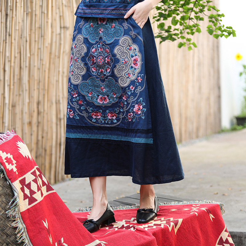 夏装民族风棉麻复古拼接绣花松紧腰半身裙 重工刺绣中长款大摆裙,女装/女士精品,半身裙,淘宝优惠券,粉丝福利购,淘宝优惠卷
