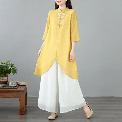 夏装新中式中国风禅意改良汉服禅意茶服中长款上衣阔腿裤两件套女