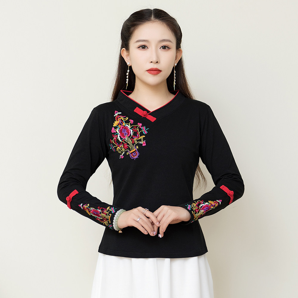 秋装民族风黑色V领刺绣纯棉上衣女 日常复古修身长袖T恤打底衫女